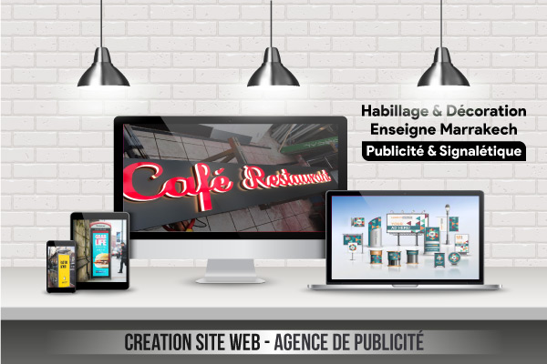 Habillage et décoration sur mesure pour enseigne et panneau avec façade de magasin commerciale pour le site web Enseigne Marrakech.